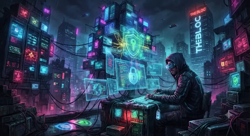 A cyberpunk themed city view with a man in the forefront in front of computers looking at compliance.